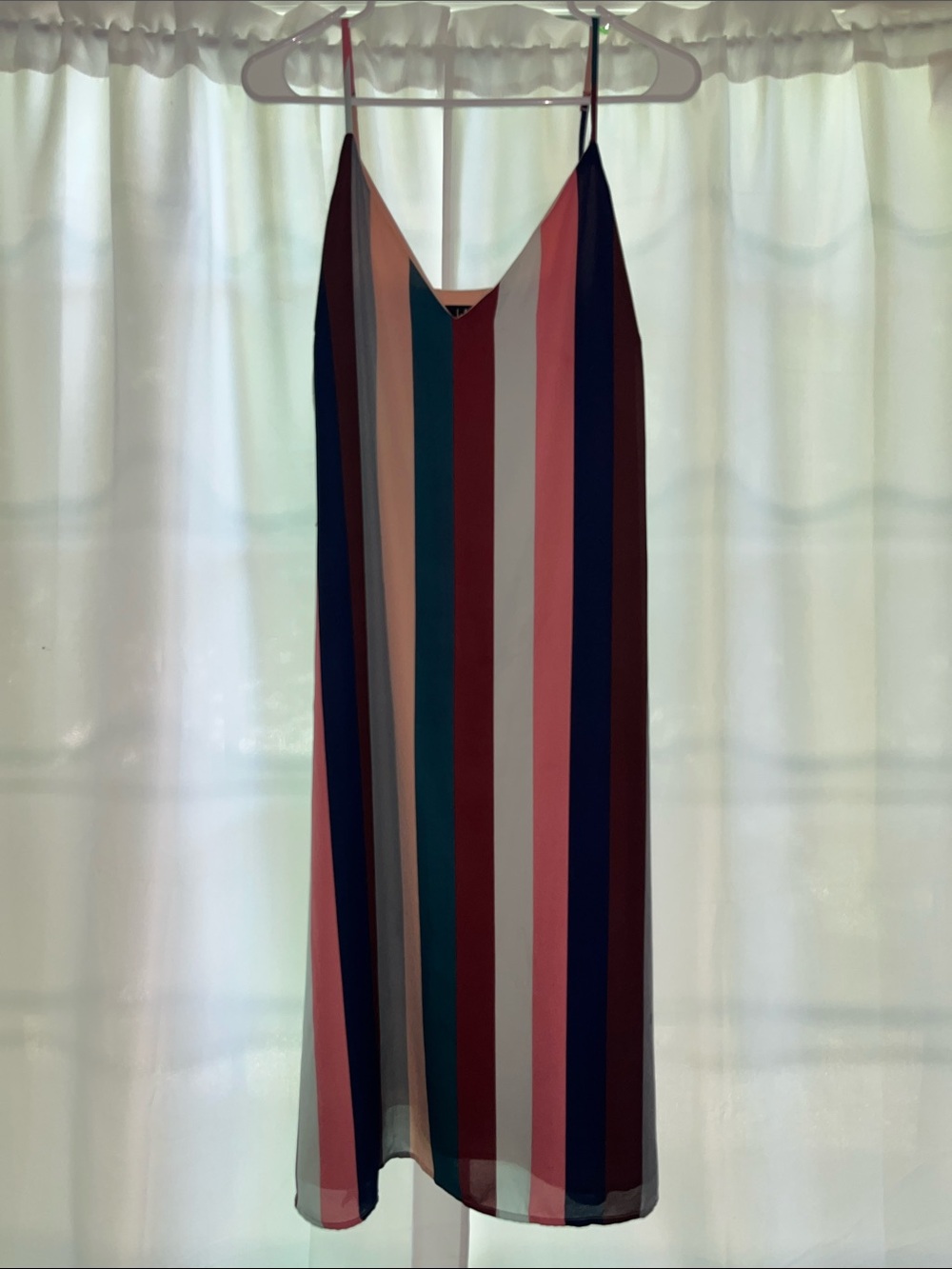 Lulu's Multi-Stripe V-Neck Midi Dress in Pink, Teal, Navy, Cream—No tie waist